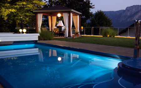 Pool near the mountains - trees, cabin, pool, lights, plants, lovely, mountains