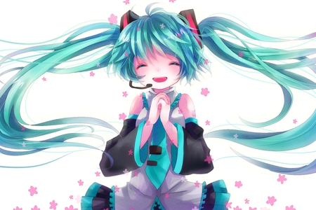 Hatsune Miku - tie, pretty, artistic, uniform, flowers, headphones, nice, program, thighhighs, beauty, virtual, petals, cg, white, gray, cute, aqua eyes, song, outfit, vocaloid, anime, twintail, hatsune miku, microphone, music, aqua, closed eyes, art, idol, anime girl, skirt, beautiful, singer, girl, cool, black, miku, awesome, diva, digital, aqua hair, hatsune, vocaloids, headset