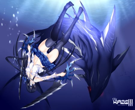 Sword Shine - female, warrior, blue, dark, damn, monster shark, anime girl, water, hot, sword, cool, bubble, school uniform, underwater, thigh highs, sword shine, shark, sexy