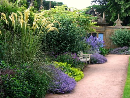 A Summer Garden - greens, flowers, summer, garden, garden house, bench