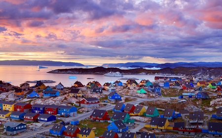 Town of Ilulissat, Disko Bay, Greenland - ocean, ship, town, mountain, clouds, colorful, bay