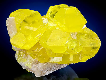 GLOWING, gemmy cluster of Sulfur crystals on Aragonite matrix! - mineral, glowing, yellow, crystal