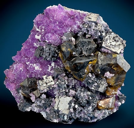 Gorgeous combination of lustrous Galena crystals with Sphalerite and Amethyst! - mineral, sphalerite, amethyst, crystal