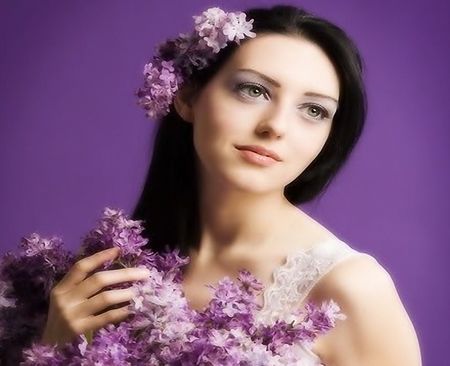 Purple Lady - delicate, female, lilac, beauty, flower, lady, purple, woman, soft, model, angelic, nice, beautiful face