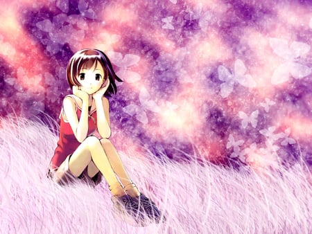 Anime in pink nature - girl, pink, anime, cute, fantasy