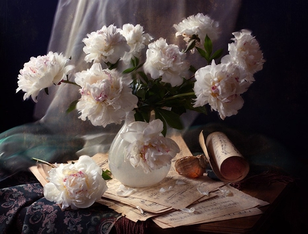 Still life - pretty, vase, beautiful, colors, lovely, petals, still life, peonies, flowers, shell, peony, nature