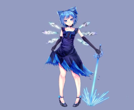 Cirno - female, anime girl, touhou, ribbon, sword, short hair, cute, sexy, blue eyes, hair tubes, blue hair, bow, ice wings, torn clothes, sweet, smile, weapons, cirno