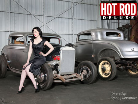 Hot Rod Hot Girl - legs, beautiful, hot, dress, girl, automobile, hair, rod, black, babe, retro, car, vintage, woman, sexy, heels