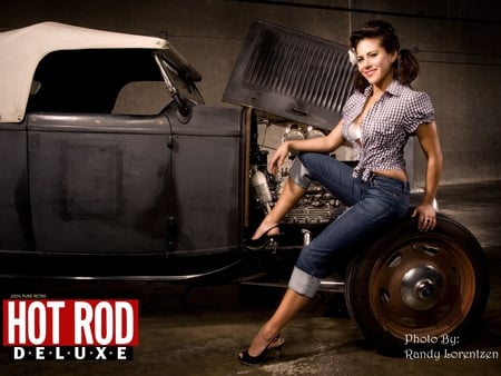 Retro Rod - jeans, legs, beautiful, hot, girl, automobile, hair, rod, black, babe, retro, car, vintage, woman, sexy, heels