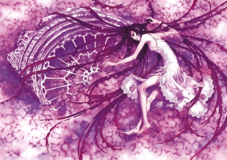 Lost In Purple - flower girl, beautiful female, fantasy anime, anime, long hair, cute anime, white dress, lost in purple