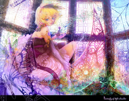 kagamine rin - windows, kagamine rin, wings, little person, butterfly, anime, shell, colourful, shadow, blonde