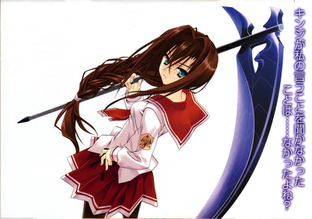 original - dress, weapon, long hair, brown hair, uniform, blue eyes