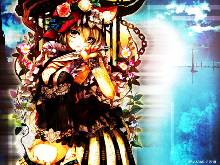 tohuo - flowers, ciel, yelow hair, dress, black hair, colors, weapon