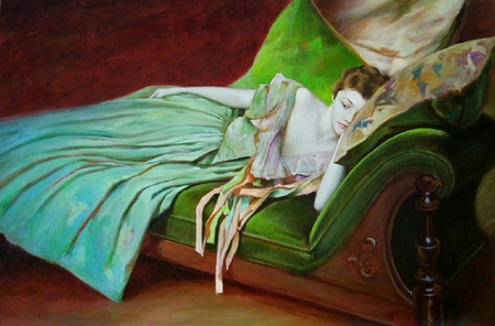 Emerald Beauty - pretty, elegant, female, brown, dress, costume, nice, fine, art, sleeping, abstract, gown, paint, resting, sofa, beautiful, girl, figure, cg, fantasy, green, woman, painting, digital, 3d