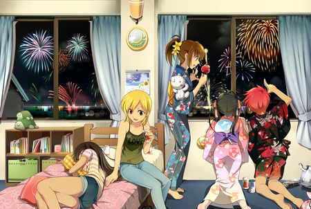 Fireworks - flower, light, kimonos, turtles, girls, colorful, sleep, five, two, ribbon, bow, fireworks