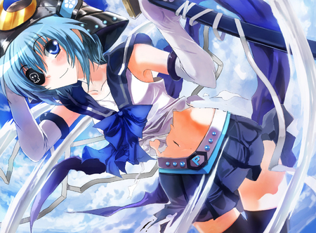 Onegai Blue - belt, skirt, blue, hair, eye patch, skull, p, onegai-blue, short, ribbon, bow, gloves