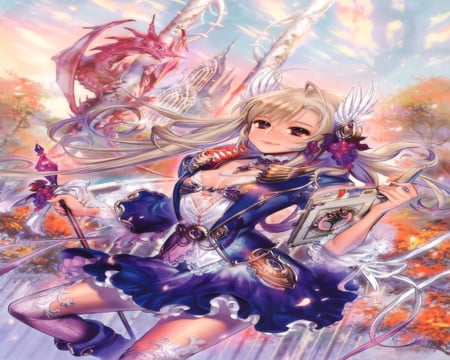 Fantasy Realm - book, cute, hot, anime girl, magic, dragon, castle, staff, fantasy realm, pretty, cool, thigh highs, beauty, sweet, big breasts, sexy, female, wizard