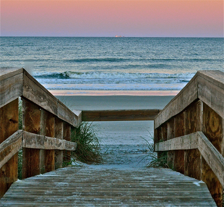 Into the blue - silence, blue, wood, beach, landscape, sand, shore, sky, oceans, water, image, beautiful, sea, beauty, stairs, nature, picture, waves, background