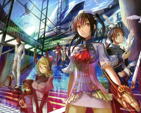 airport of the future - stairs, girls, building, people, girl, airport, colorful, planes, pretty, boy, future, anime, birds