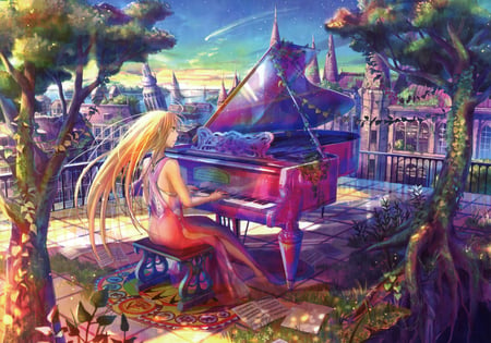 playing for the world to hear - piano, trees, anime, playind notes, worl, girl, blonde, grass, city, wind