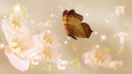 On Wings of Gold - flowers, butterfly, gold, sparkles, stars, firefox persona