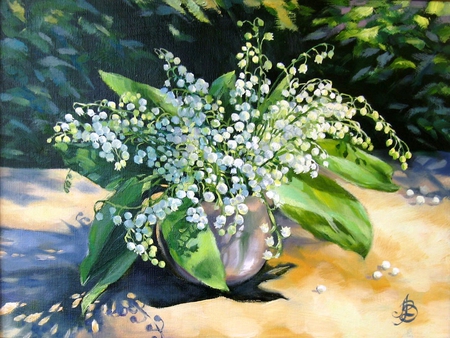 lily of the valley - paint, art, lily of the valley, vase, spring