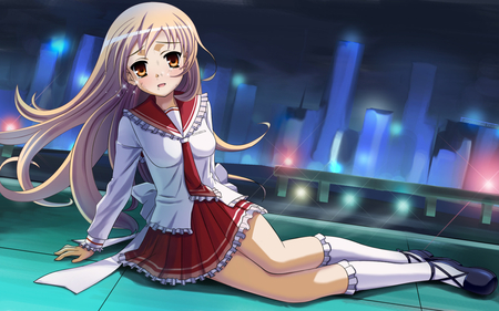 night time tears - roof top, school un iform, helicopter lights, air, night, pretty, city, anime, cute, blonde