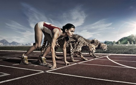 Woman vs. Cheetahs - abstract, girl, cool, cheetahs, runner, funny, woman, animals, race