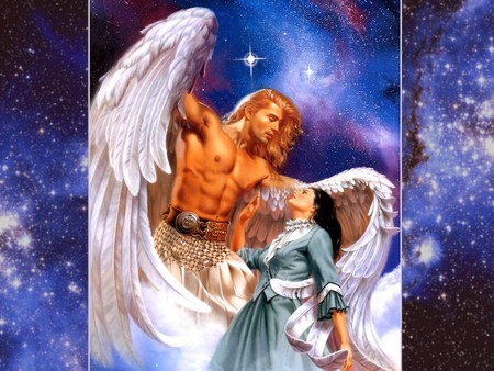 Heavenly Embrace - heaven, angels, angel, love, male, protect, protector, gaurdian, woman, wings, embrace, hold