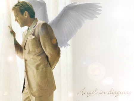 Angel in Disguise - male, window, suit, disguise, room, peek, torn