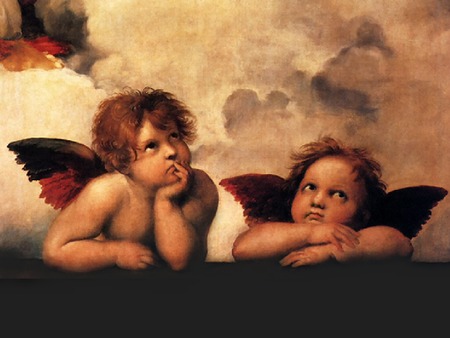 Two Angels - clouds, heaven, kids, angels, photography, reposed, heavenly, cherubs, raffaello sanzio, winged, wings, renaissance, young