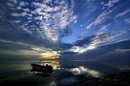 Until morning - clouds, sunset, blue, boat, evening, lake, light, sky