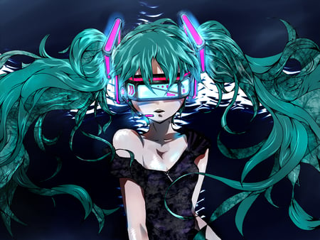 miku - twin tails, glow, anime, headphones, glasses, power