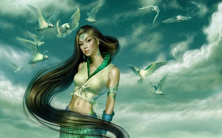 Girl on green - fantasy, people, woman, green, dove, girl, sky