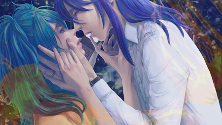 love - miku, pretty, kiss, love, anime, girl, purple hair, aqua hair, boy