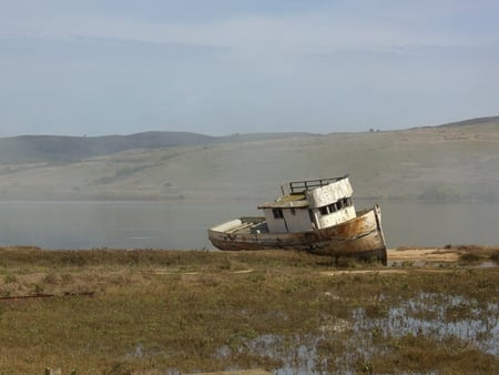 All Alone - beached, ship, wreck, hills, marsh, boat