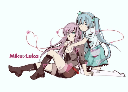 vocaloid - miku hatsune, 2 girls, dress, blush, long hair, luka