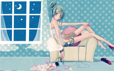 vocaloid - moon, stars, night, blush, dress, miku hatsune