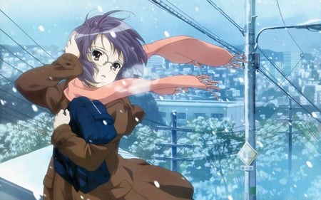 suzumiya haruhi no yuutsu - nagato yuki, glasses, short hair, brown eyes, uniform, city, purple hair, snow