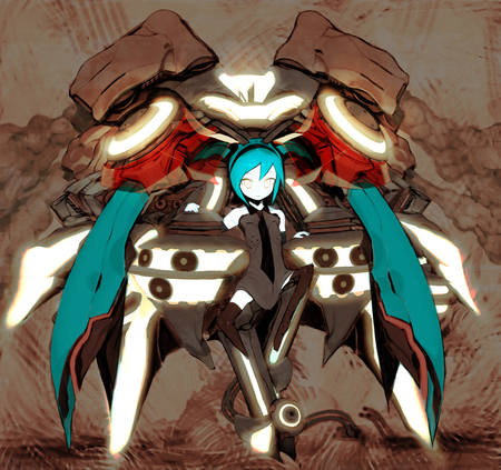 vocaloid - hatsune miku, weapon, long hair, aqua hair, mecha