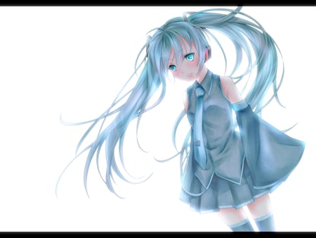 Hatsune Miku - aqua, headset, thighhighs, music, anime girl, white, art, cool, aqua eyes, artistic, hatsune miku, song, vocaloids, program, vocaloid, beautiful, uniform, diva, nice, beauty, twintail, singer, aqua hair, black, virtual, pretty, idol, anime, miku, cute, girl, cg, hatsune, microphone, headphones, blue, digital, awesome, outfit