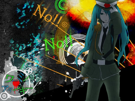 vocaloid - long hair, weapon, uniform, colors, police, miku hatsune