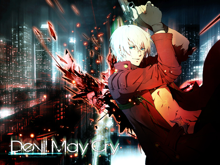 devil may cry - yelow hair, red, colors, weapon, night, blue eyes