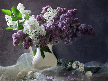 Still Life - beauty, photography, still life, spring, with love, white, pretty, petals, romance, chocolate, lilac, for you, lovely, vase, lilacs, nature, romantic, beautiful, white lilac, flowers, colors