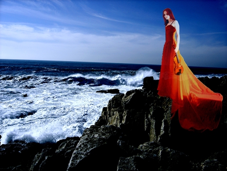 Lost In Your Time - stone, woman, abstract, time, sea, dress, lost