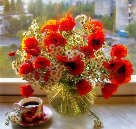 Poppies - still life - flowers, vase, pretty, poppies, red, window, saucer, tea cup