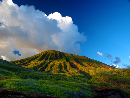 Like a volcano - blue, landscape, mountain, view, field, sky, clouds, image, beautiful, beauty, colors, shadow, white, nature, awesome, green, background