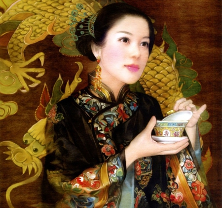 Art of serving tea - woman, beauty, feminine, japanese, elegant, noble, painting, class, art, serving tea, dragon, kimono