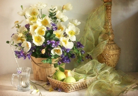 Harmony - yellow, still life, bouquet, pleasing, harmony, flowers, nature, purple, arrangement, fruit, color, leaf, wallpaper, pastel