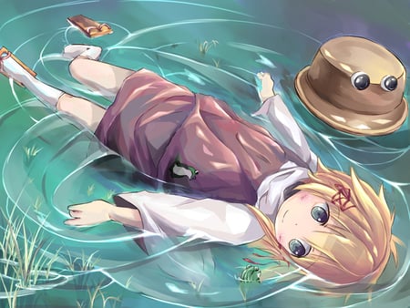 Touhou - moriya suwako, blonde hair, hat, blue eyes, water, wet, short hair, dress